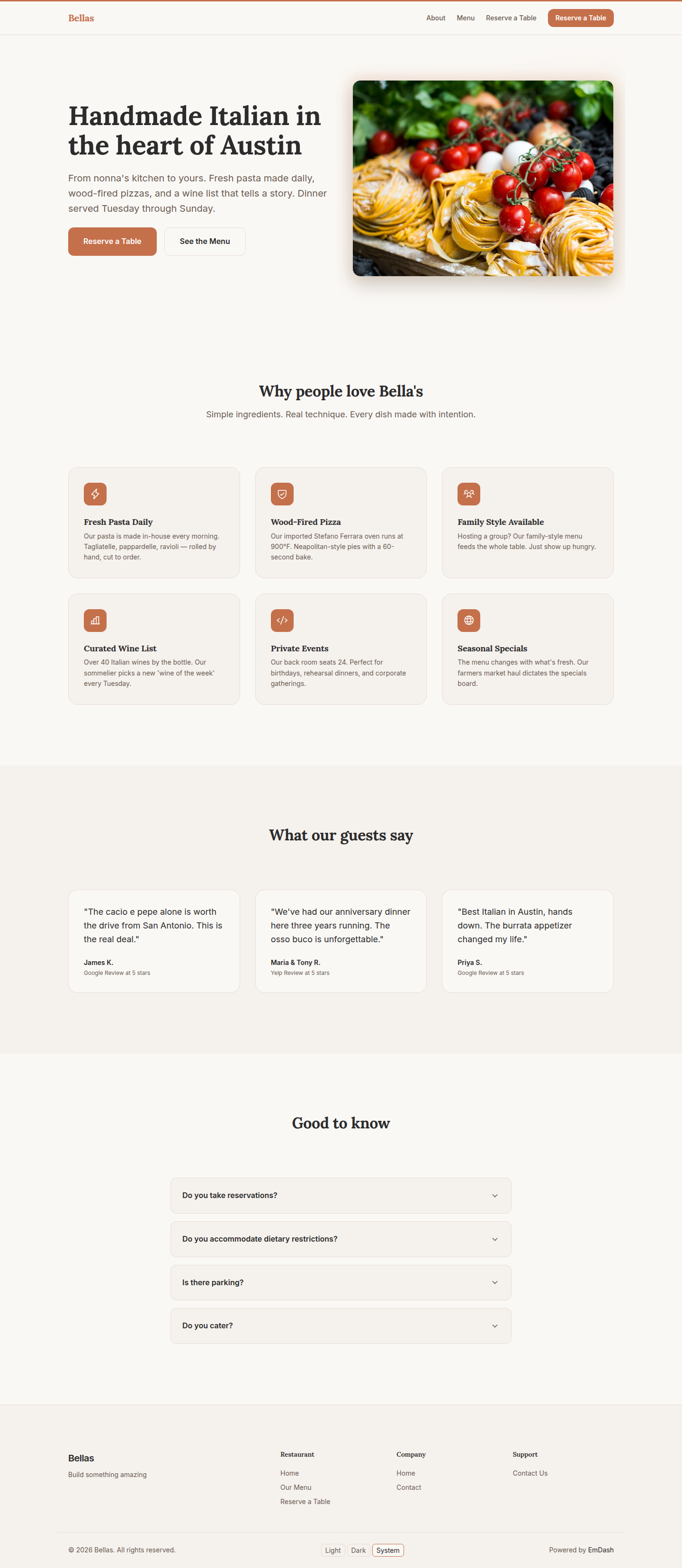 Bella's Bistro website screenshot