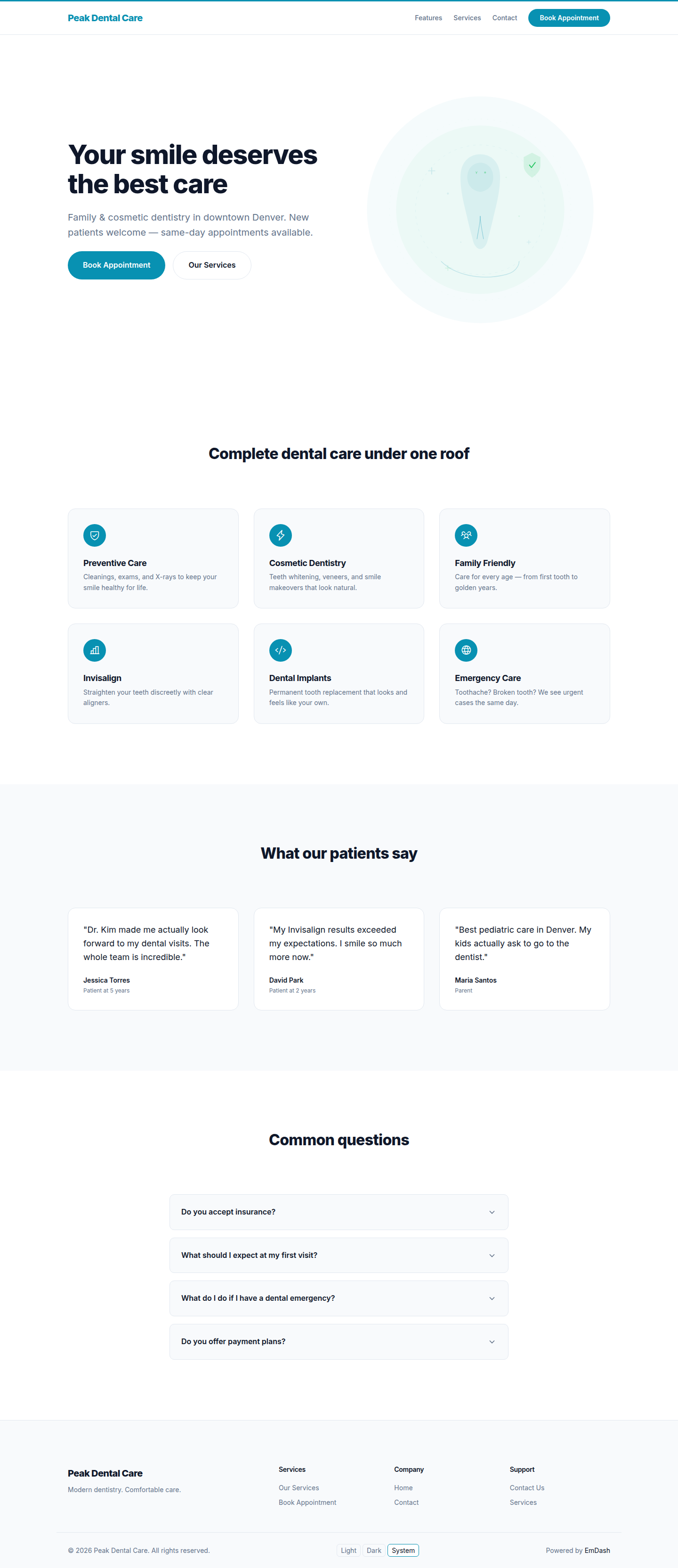 Peak Dental Care website screenshot